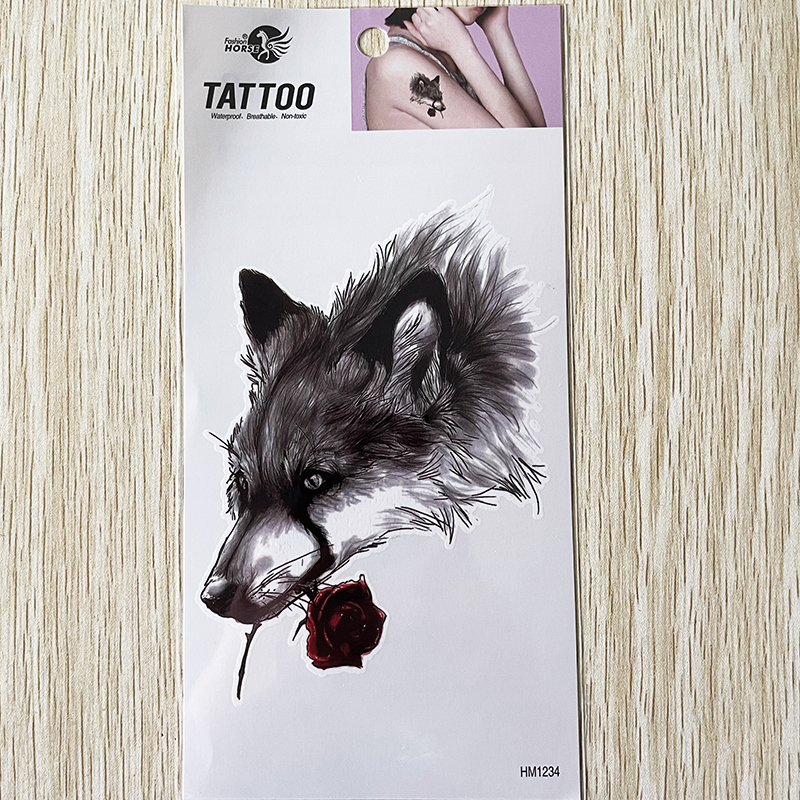 HM1234 Temporary Tattoo Sticker Of Wolf With Rose