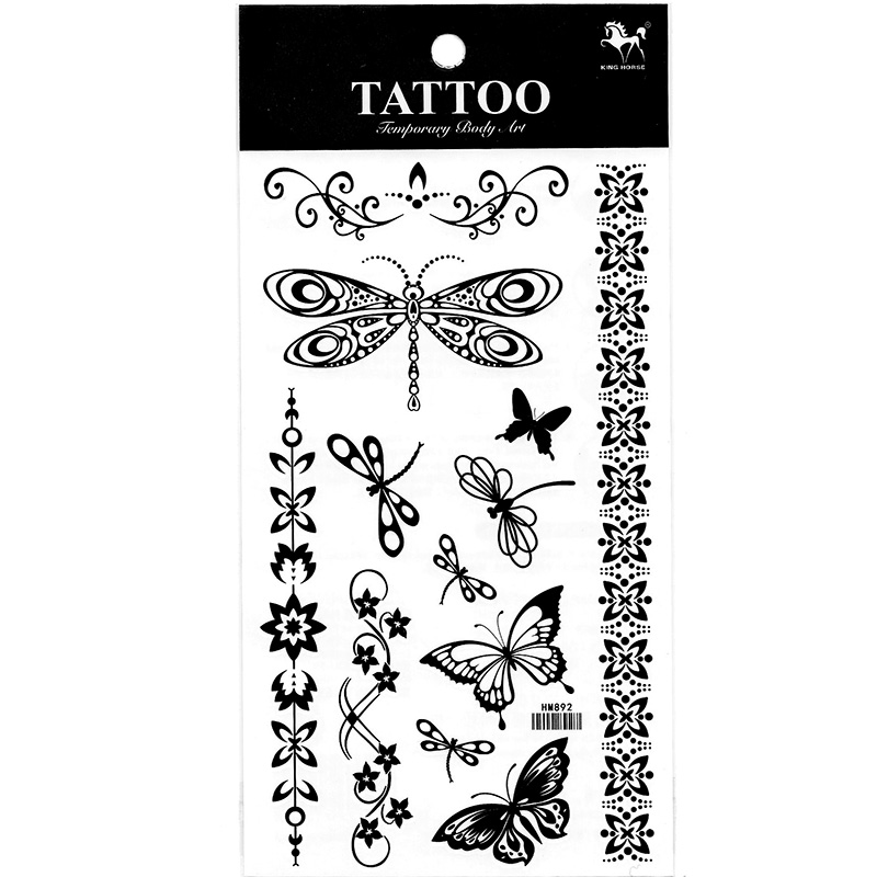 HM892 Black dragonfly butterfly flower  tattoo sticker